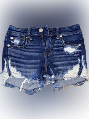 American Eagle Dark Blue Distressed Jean Cutoff Shorts